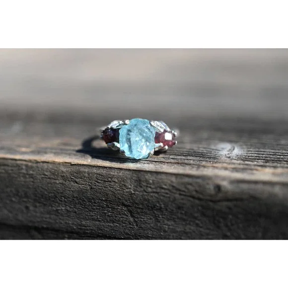 Raw Garnet Engagement Ring, Rough Aquamarine Ring - Picture 1 of 5